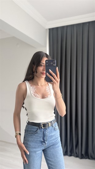 Meyri Dantelli Tam Pamuklu Premium Atlet Ekru