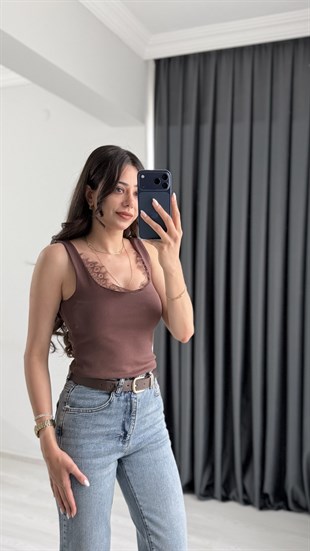 Meyri Dantelli Tam Pamuklu Premium Atlet Kahve