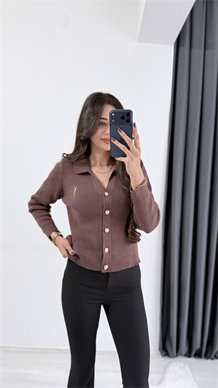 Michelle Kahve Ys Nakışlı Gold Düğmeli Hırka