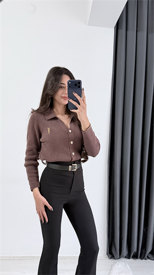 Michelle Kahve Ys Nakışlı Gold Düğmeli Hırka