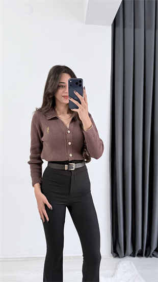 Michelle Kahve Ys Nakışlı Gold Düğmeli Hırka