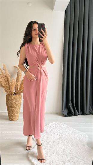 Mila Bel Dekolteli Gold Aksesuarlı Elbise Pembe