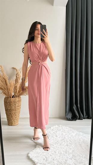 Mila Bel Dekolteli Gold Aksesuarlı Elbise Pembe