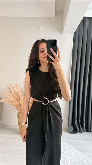 Mila Bel Dekolteli Gold Aksesuarlı Elbise Siyah