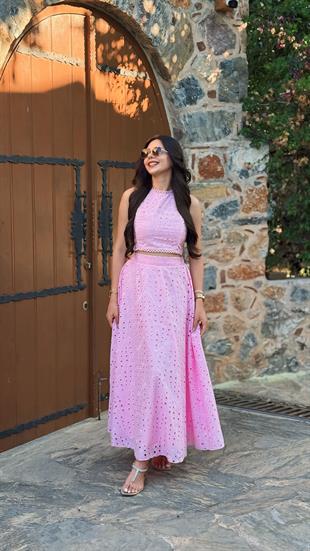 Mint Fisto Detaylı Astarlı Etek Bluz Takım Pembe