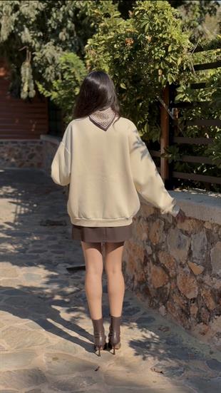 Misi Bej Leopar Baskılı Fularlı Sweatshirt