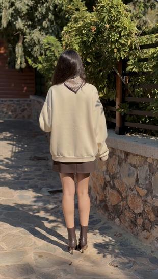 Misi Bej Leopar Baskılı Fularlı Sweatshirt