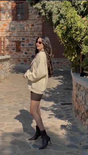 Misi Bej Leopar Baskılı Fularlı Sweatshirt