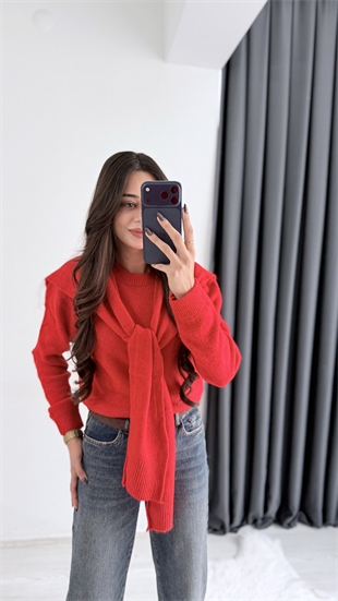 Moche Viral Atkı Detaylı Triko Kazak Kırmızı
