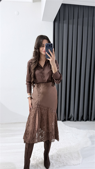 Moira Dantel Detaylı Kahverengi Saten Etek