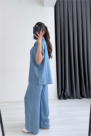 Molke İpek Tensel Açık Mavi Denim Takım
