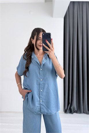 Molke İpek Tensel Açık Mavi Denim Takım