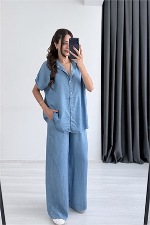 Molke İpek Tensel Açık Mavi Denim Takım
