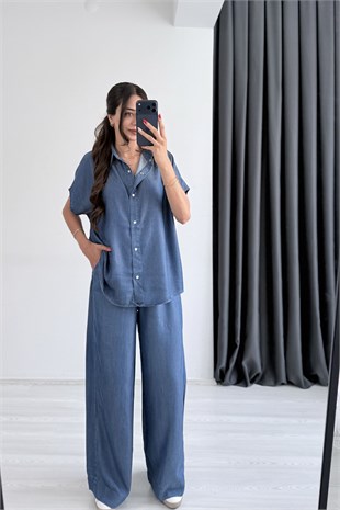 Molke İpek Tensel Koyu Mavi Denim Takım
