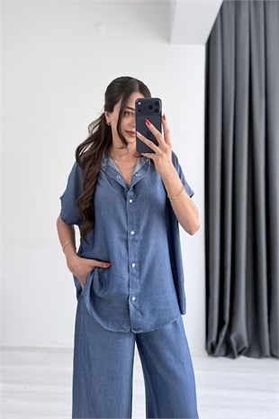 Molke İpek Tensel Koyu Mavi Denim Takım