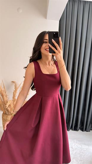 Monge Premium Seri Double Atlas Kumaş Midi Boy Kloş Elbise Bordo