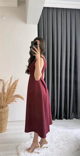 Monge Premium Seri Double Atlas Kumaş Midi Boy Kloş Elbise Bordo