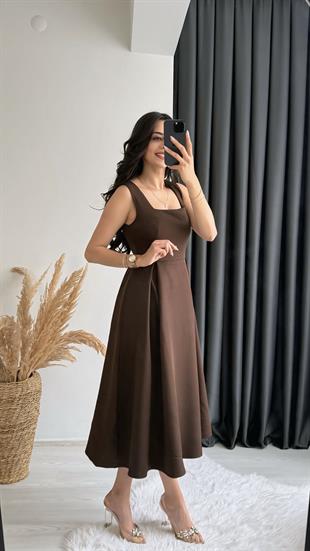 Monge Premium Seri Double Atlas Kumaş Midi Boy Kloş Elbise Kahve