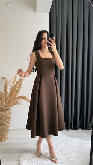 Monge Premium Seri Double Atlas Kumaş Midi Boy Kloş Elbise Kahve