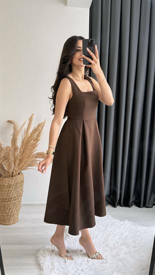 Monge Premium Seri Double Atlas Kumaş Midi Boy Kloş Elbise Kahve