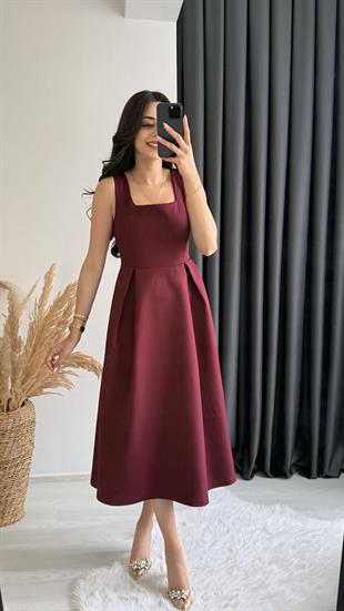 Monge Premium Seri Double Atlas Kumaş Midi Boy Kloş Elbise Bordo