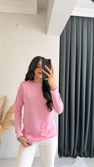 Monster Düz Açık Yaka Kazak Pembe