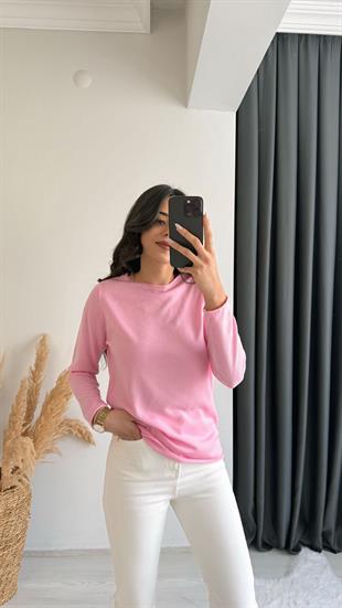 Monster Düz Açık Yaka Kazak Pembe
