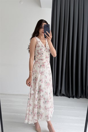 Mosa Şifon Pembe Çiçek Desenli Midi Elbise