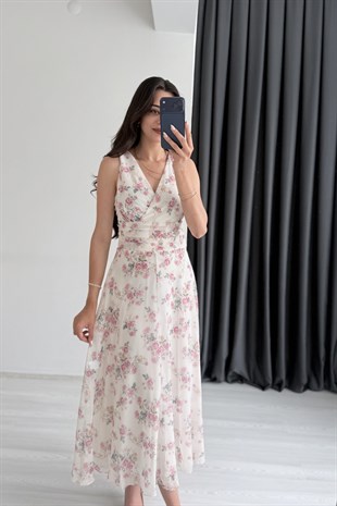 Mosa Şifon Pembe Çiçek Desenli Midi Elbise