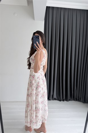Mosa Şifon Pembe Çiçek Desenli Midi Elbise