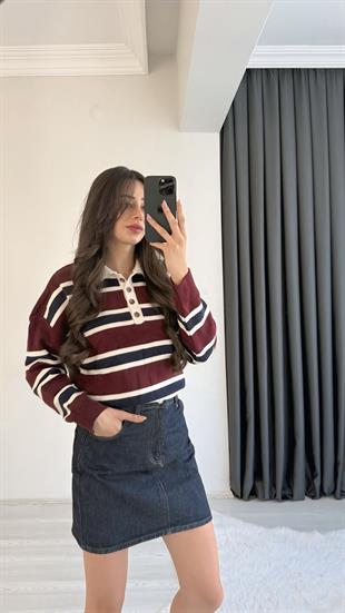 Mua Bordo Krem Çizgili Polo Yaka Kazak 