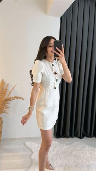 Nataly EkruTüvit Taşlı Düğmeli Elbise