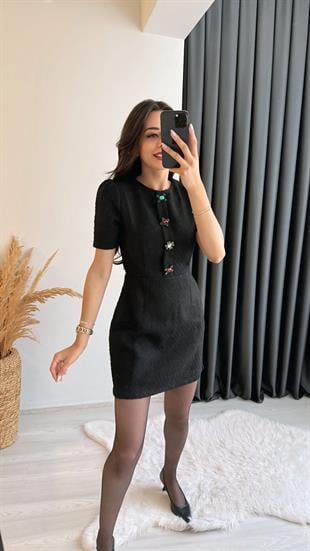 Nataly Siyah Tüvit Taşlı Düğmeli Elbise