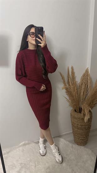 Nien Kazaklı Elit Triko Elbise Takım Bordo 