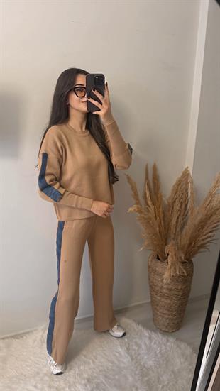 Nomi Yanları Kot Triko Çelik Örme Takım Kahve