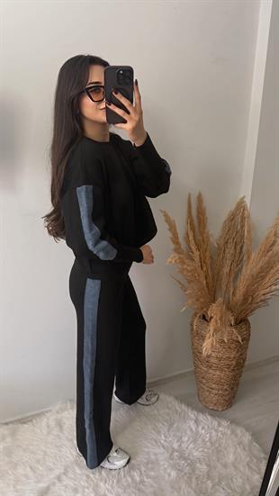 Nomi Yanları Kot Triko Çelik Örme Takım Siyah