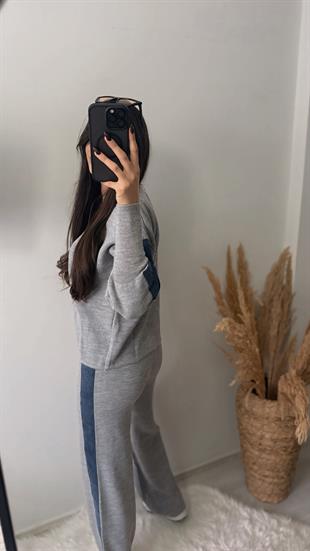 Nomi Yanları Kot Triko Çelik Örme Takım Gri