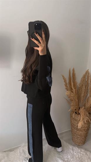 Nomi Yanları Kot Triko Çelik Örme Takım Siyah