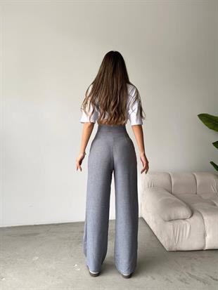 Nova Keten Kumaş Palazzo Pantalon Gri