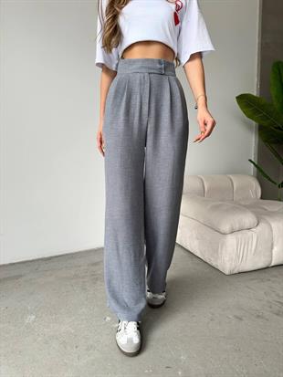 Nova Keten Kumaş Palazzo Pantalon Gri