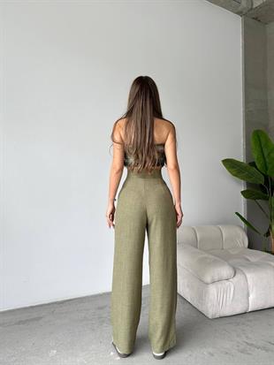 Nova Keten Kumaş Palazzo Pantalon Haki Yeşil
