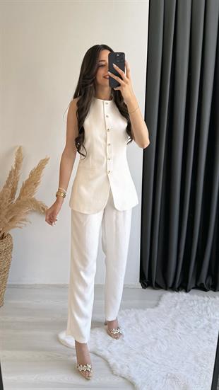 Odimu Keten Çizgili Yelek Pantalon Takım 