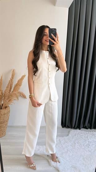 Odimu Keten Çizgili Yelek Pantalon Takım 