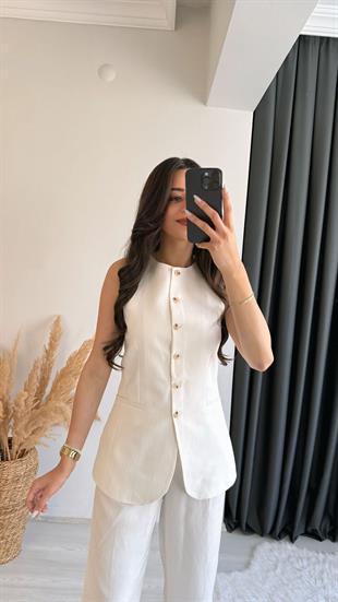 Odimu Keten Çizgili Yelek Pantalon Takım 