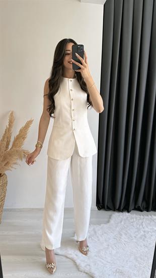 Odimu Keten Çizgili Yelek Pantalon Takım 