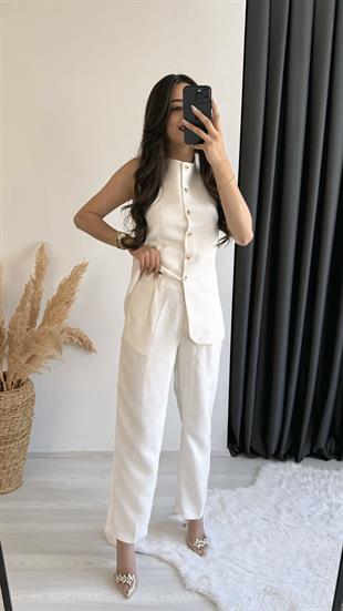 Odimu Keten Çizgili Yelek Pantalon Takım 