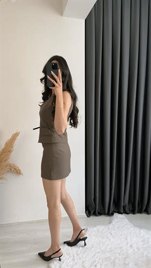Ofelia Kahve Kemerli Sıfır Etekli Yelekli Takım
