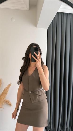 Ofelia Kahve Kemerli Sıfır Etekli Yelekli Takım