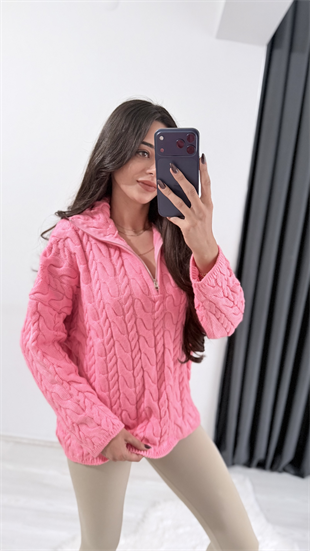 Olwe Örmeli Fermuarlı Triko Kazak Pembe