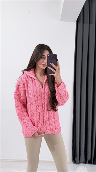Olwe Örmeli Fermuarlı Triko Kazak Pembe